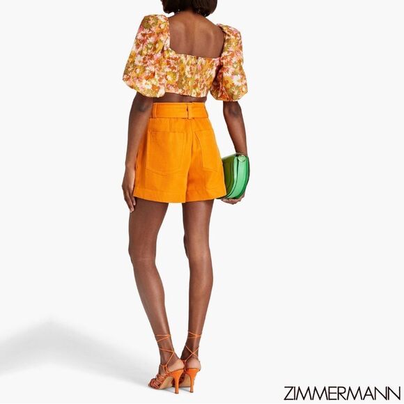 ZIMMERMANN Violet Twist Front Puff Sleeve Crop Top in Khaki Multi Floral - Picture 5 of 16